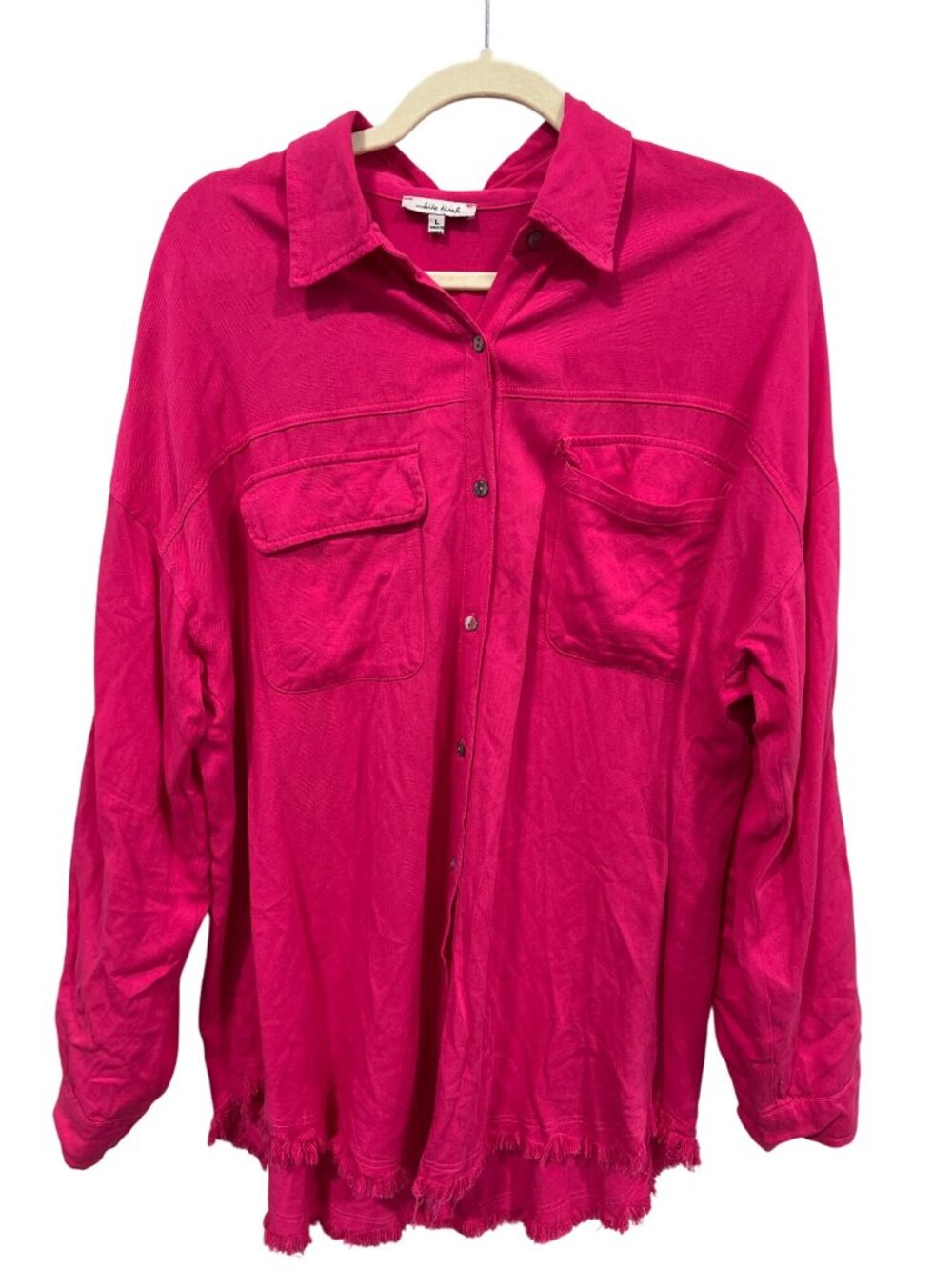 White Birch Shirt Large Button Front Long Sleeve Fringe Hem Pink Business Casual